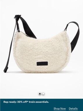 Athleta Cream Sherpa Crescent Crossbody Bag with Black Strap